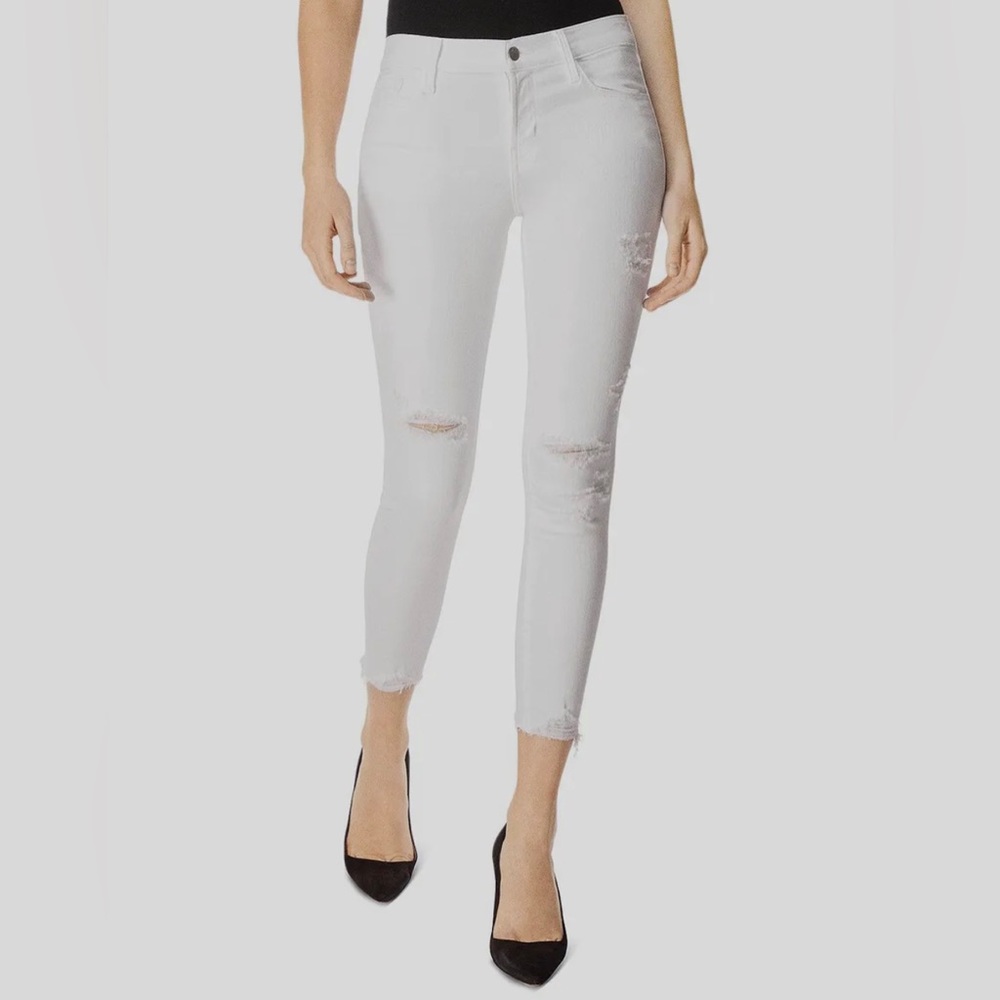 J Brand Women's White Mid Rise Crop Skinny Ripped Denim Jeans Pants Size 26